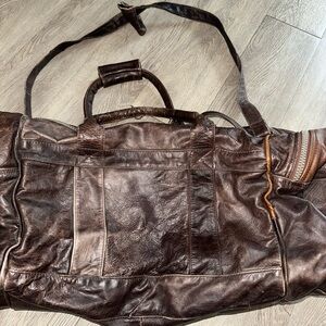Vintage Dark Brown Distressed Leather Luggage Carryall Bag